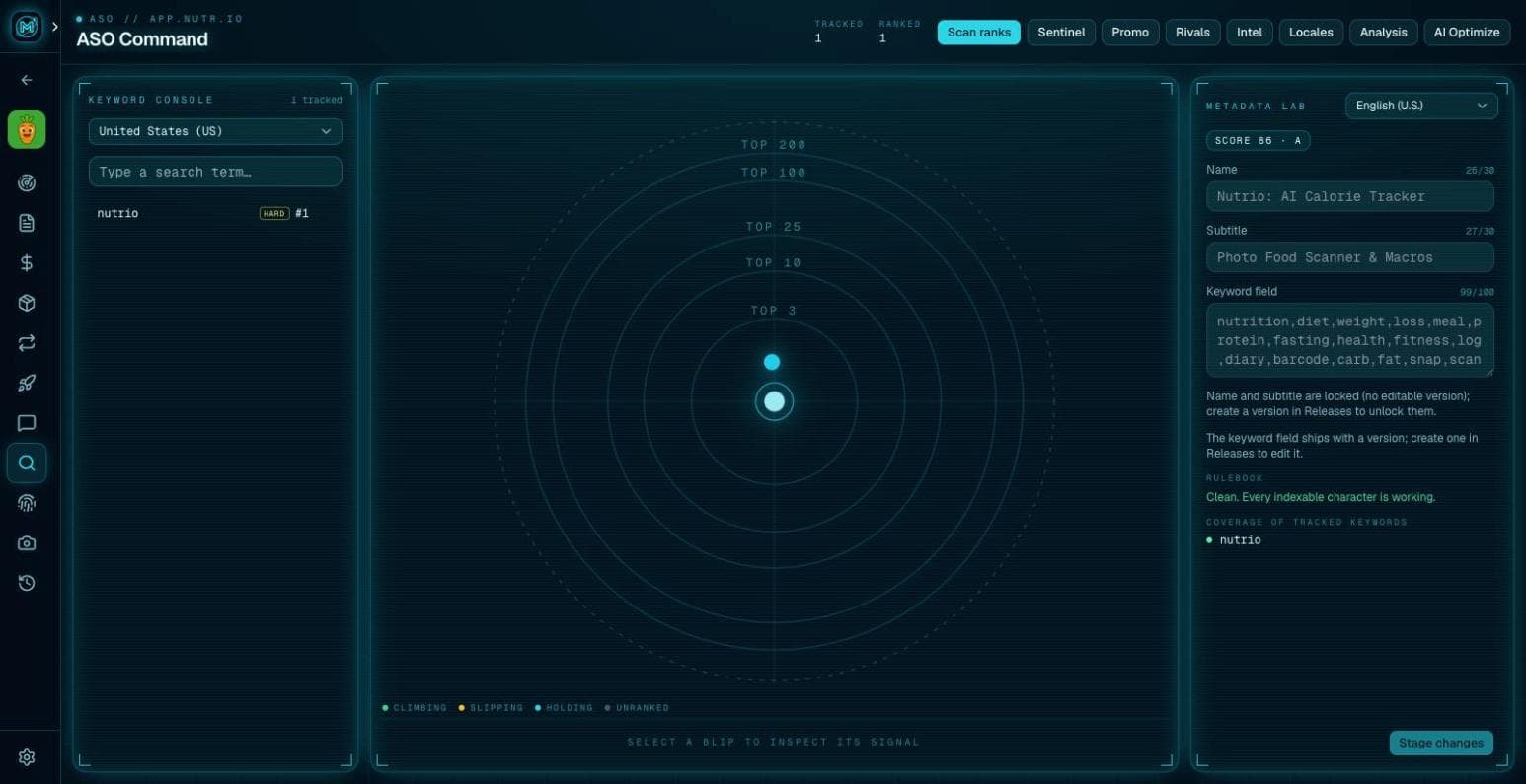ASO Command with the keyword rank radar and the metadata lab