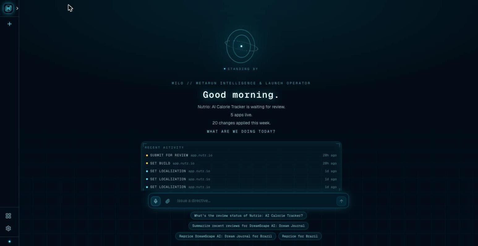 The MILO Command Deck idle briefing with live fleet status