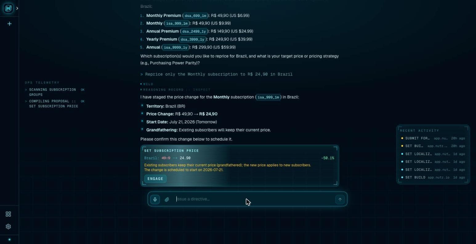 A MILO mission staging a subscription price change with an ENGAGE confirmation slate