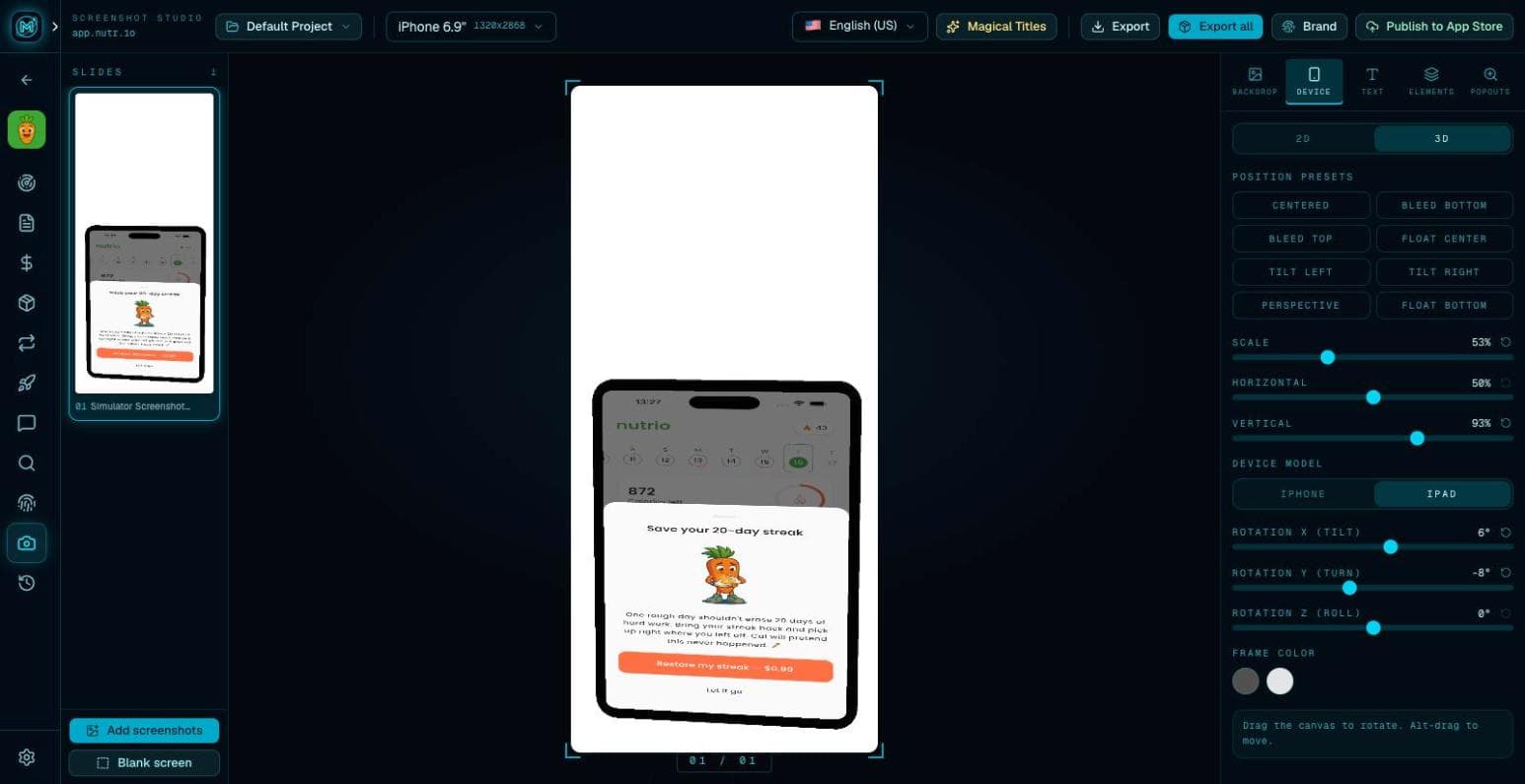 The Screenshot Studio with a 3D device frame and position controls
